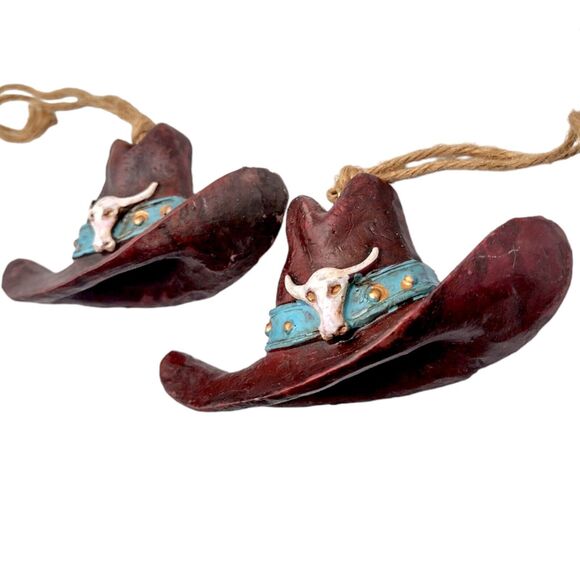 Vintage Pair of Cowboy Hat Christmas Ornaments Longhorn Skulls Hillbilly 3" - Picture 5 of 8